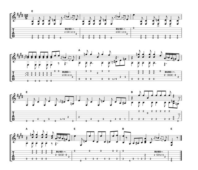 Walter Trout on the 12-bar blues Bars 1 -3: Walter is muting lightly between each chord with the outer edge of his picking hand palm. In bar 2 the string bend phrase ends on the first beat of the next bar, forcing you to pickup the following rhythm phrase already part way into its pattern. Bars 4-6: Use your pick along with the index and annular fingers on your picking hand to play all the notes with up-stems, with the exception of the two strings bend phrases. Bars 7-9: More hybrid picking here: use the pick for the notes with down-stems, the annular (a) finger takes most of the up-stemmed notes with the exception of the open B string which is played with the middle finger.